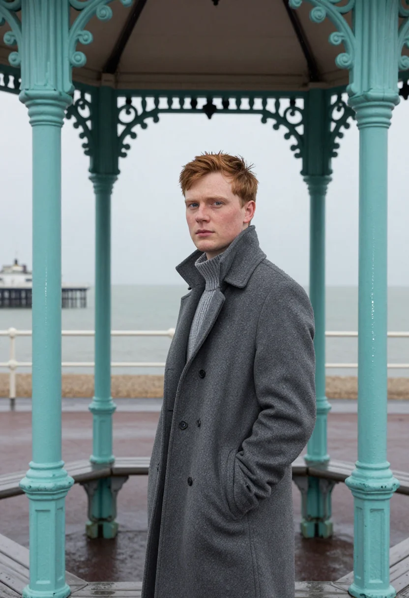 AI brighton seafront shelter january turquoise sample — portrait of a man, framed half-length from the head to the h