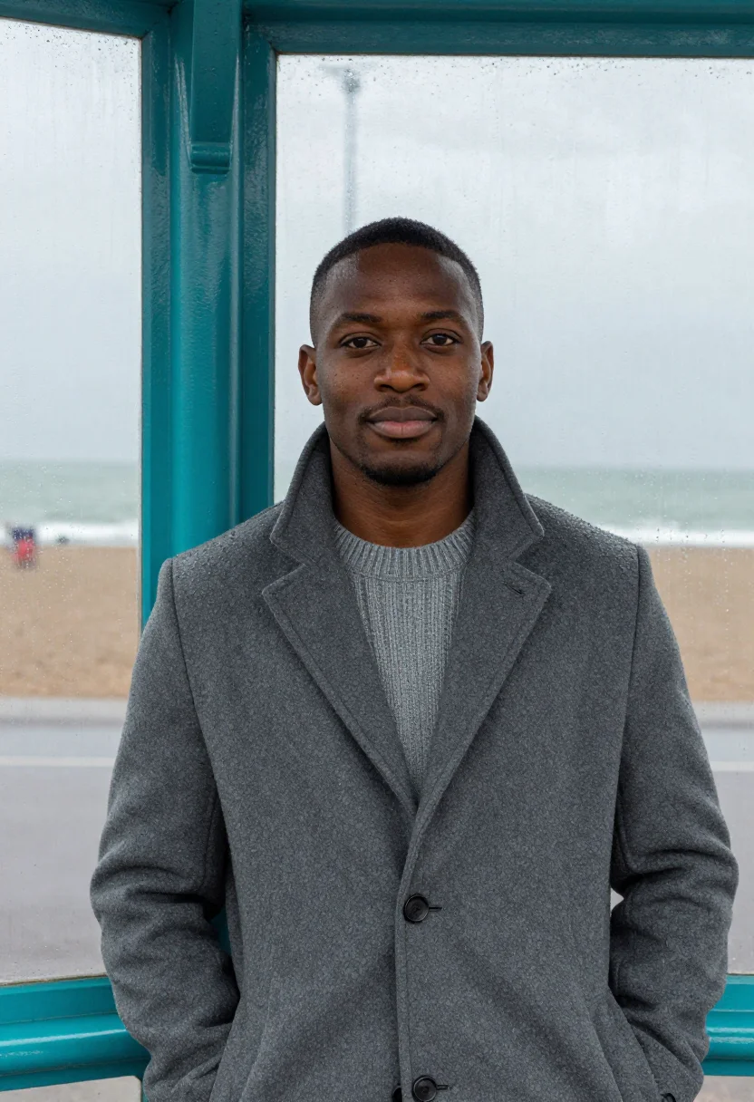 AI brighton seafront shelter january turquoise sample — portrait of a man, framed chest-up, cropped at the ribs, the