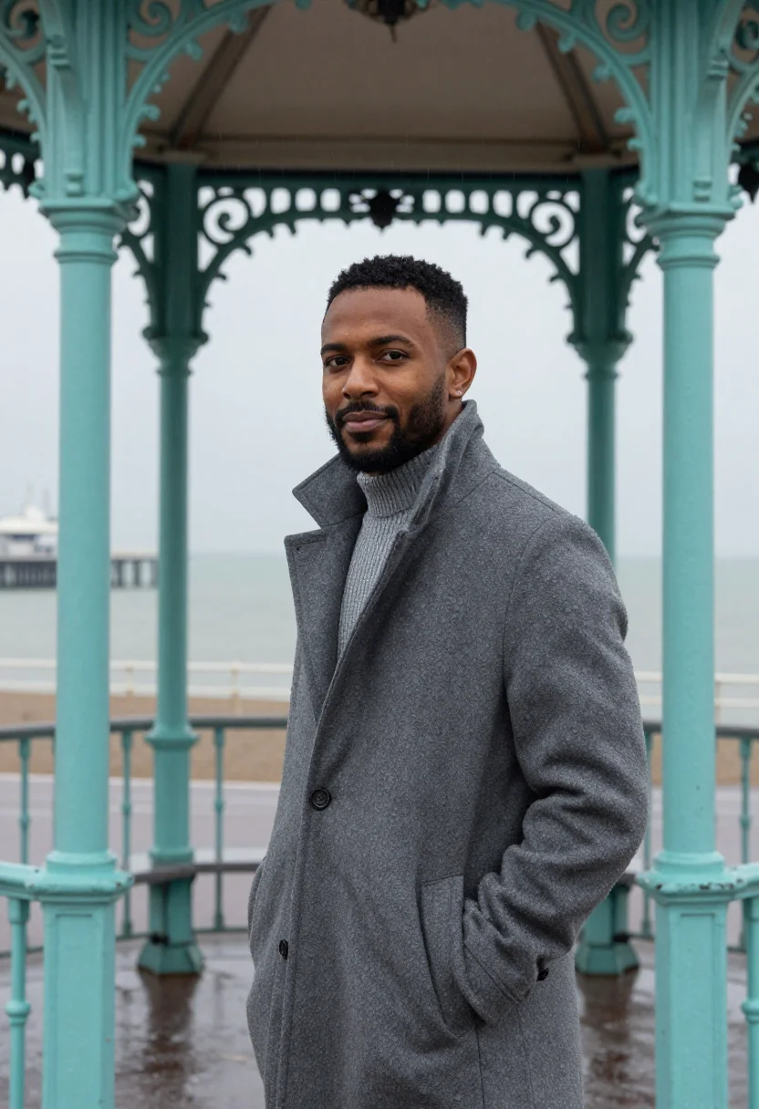 AI brighton seafront shelter january turquoise sample — portrait of a man, framed chest-up, cropped at the ribs, the