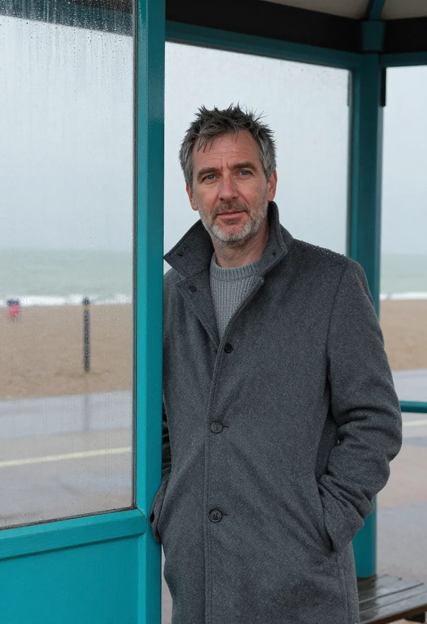AI brighton seafront shelter january turquoise sample — portrait of a man, framed half-length from the head to the h