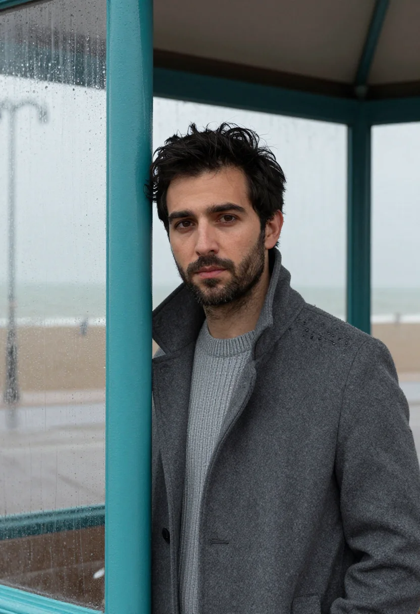AI brighton seafront shelter january turquoise sample — portrait of a man, framed tight, head and shoulders, the bod