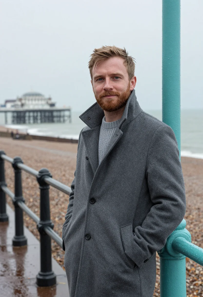 AI brighton seafront shelter january turquoise sample — portrait of a man, framed chest-up, cropped at the ribs, the