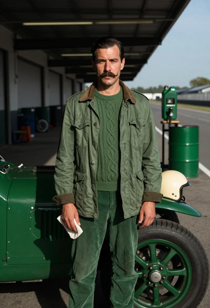 AI british racing green sample — portrait of a man, full-length standing portrait at chest he