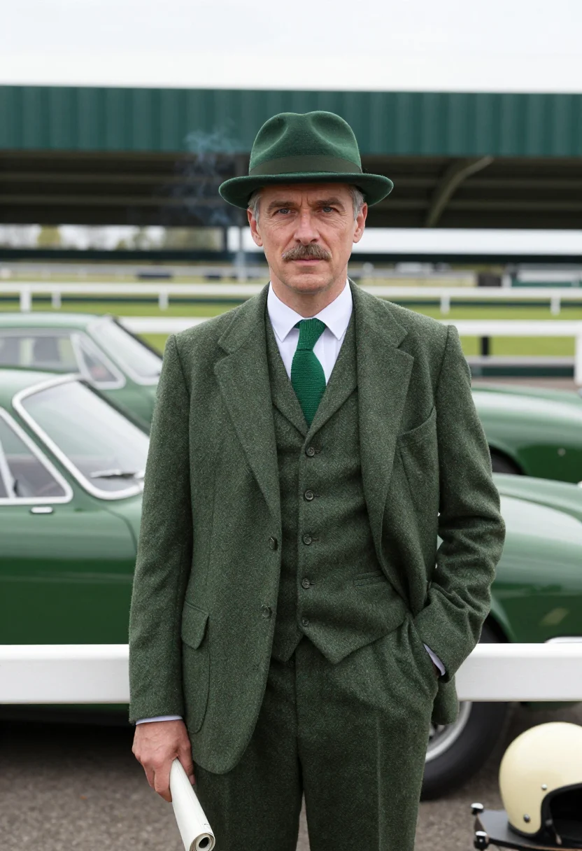 AI british racing green sample — portrait of a man, three-quarter standing portrait at chest