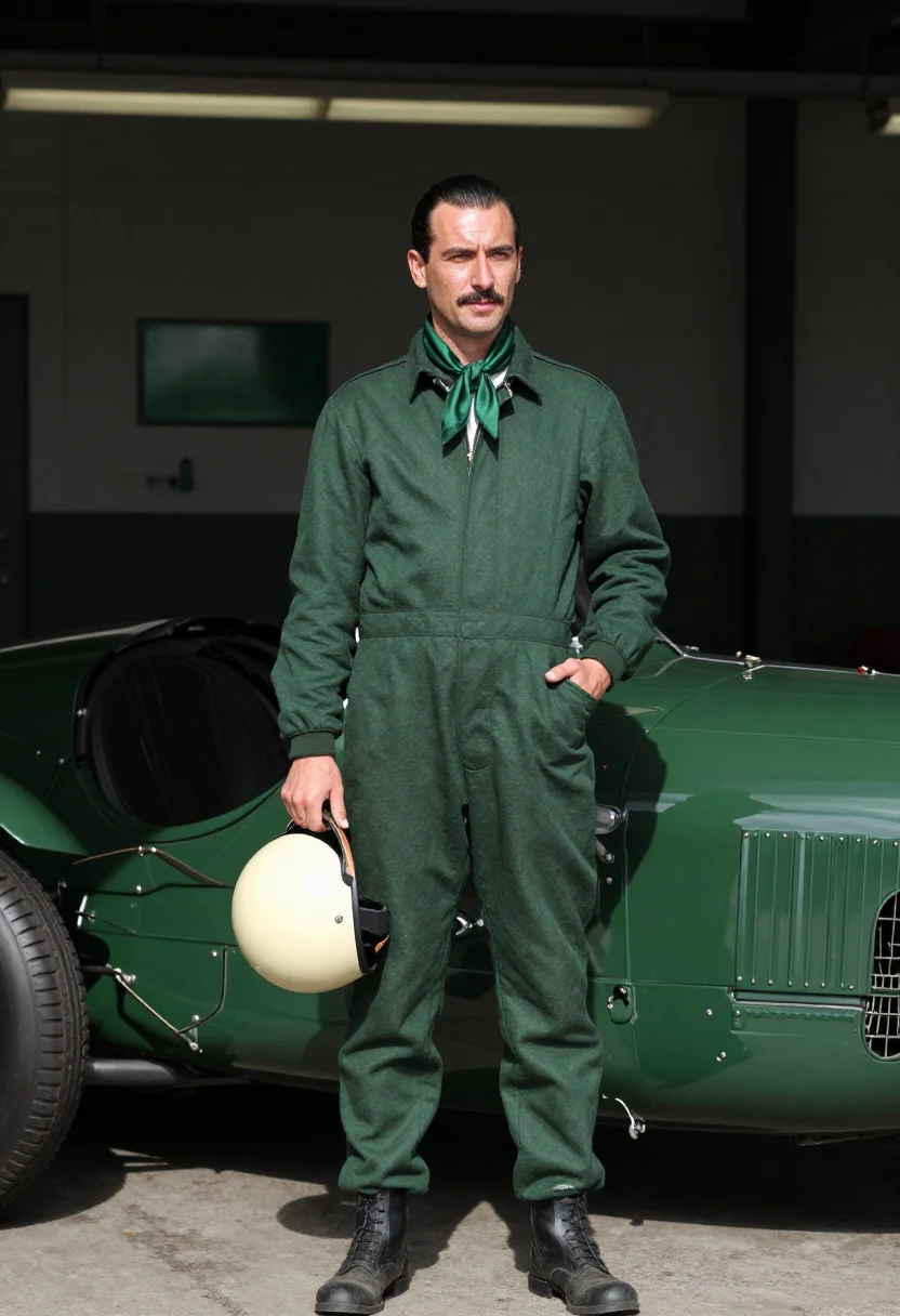AI british racing green sample — portrait of a man, full-length standing portrait from hip he