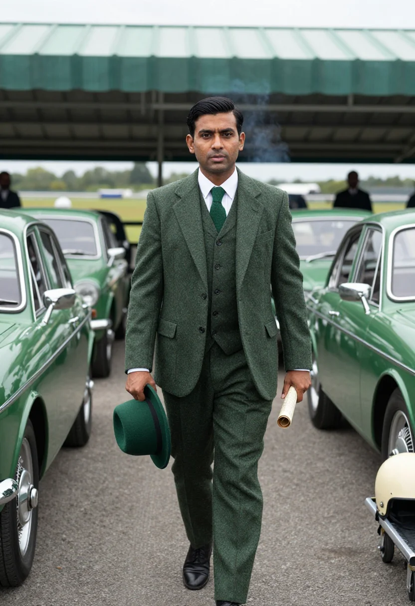AI british racing green sample — portrait of a man, full-length walking portrait from hip hei