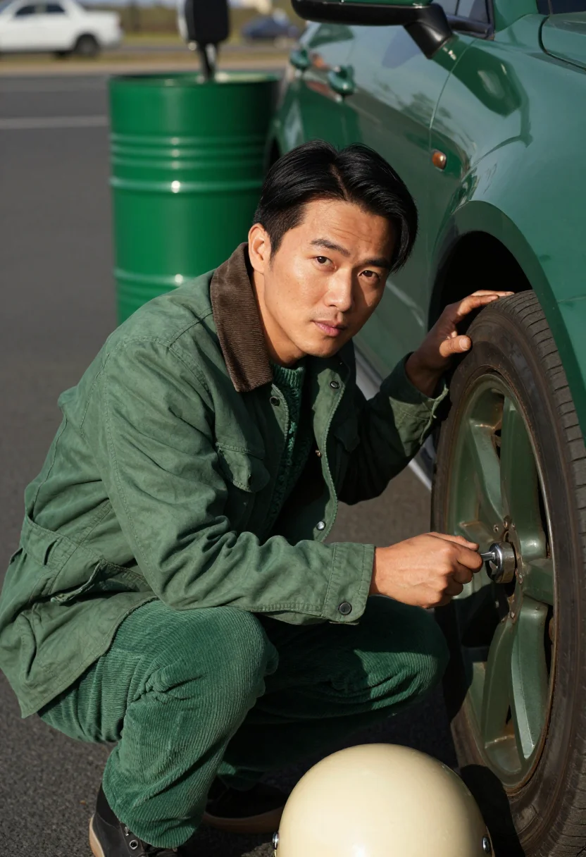 AI british racing green sample — portrait of a man, three-quarter crouching portrait at wheel