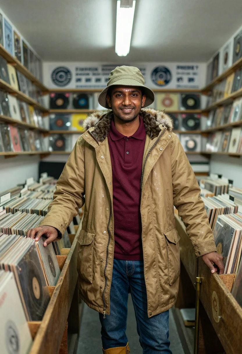 AI britpop camden sample — portrait of a man, half-length portrait of a South-Asian Bri