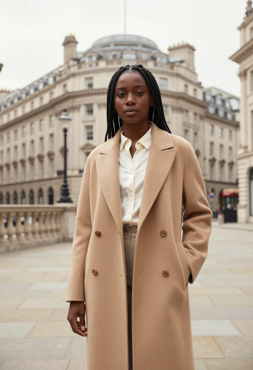 AI broadcasting house presenter portland cream sample — portrait of a woman, in her late twenties, Black British, wi