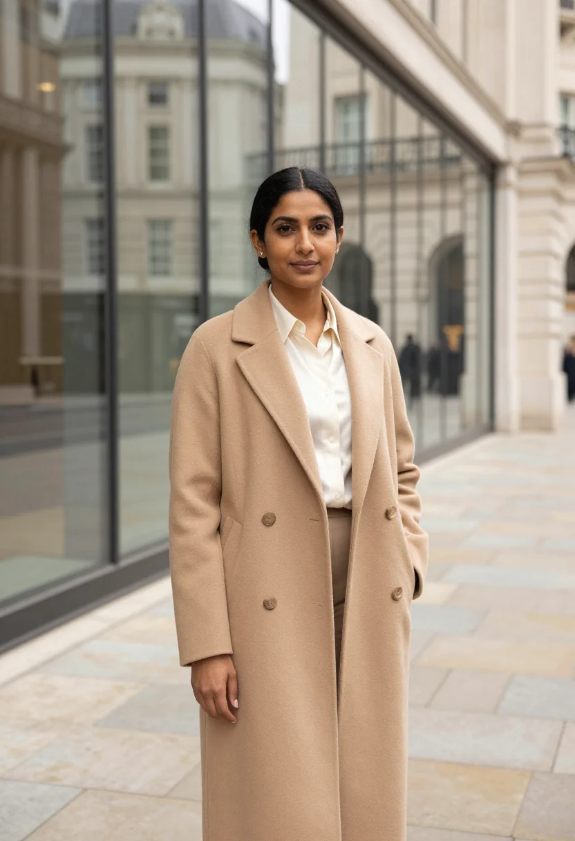 AI broadcasting house presenter portland cream sample — portrait of a woman, in her mid-thirties, British Indian, wi