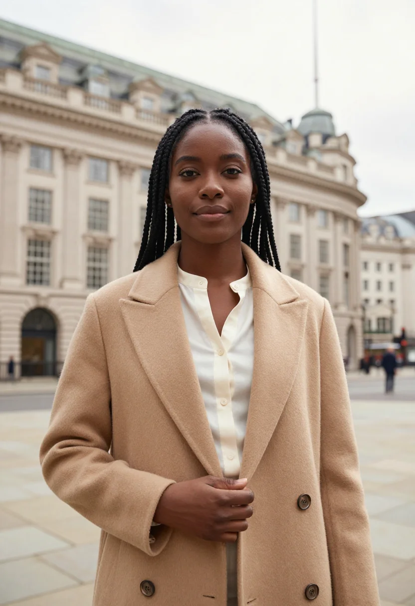 AI broadcasting house presenter portland cream sample — portrait of a woman, in her late twenties, Black British, wi