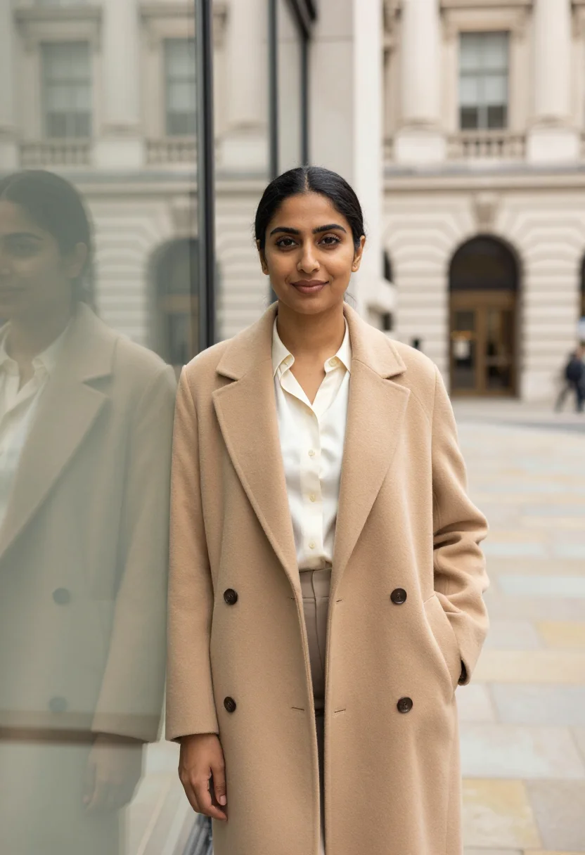 AI broadcasting house presenter portland cream sample — portrait of a woman, in her mid-thirties, British Indian, wi