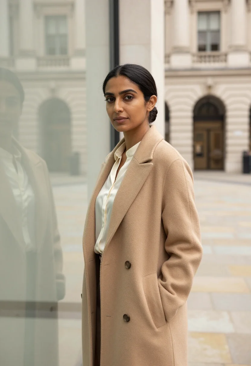 AI broadcasting house presenter portland cream sample — portrait of a woman, in her mid-thirties, British Indian, wi