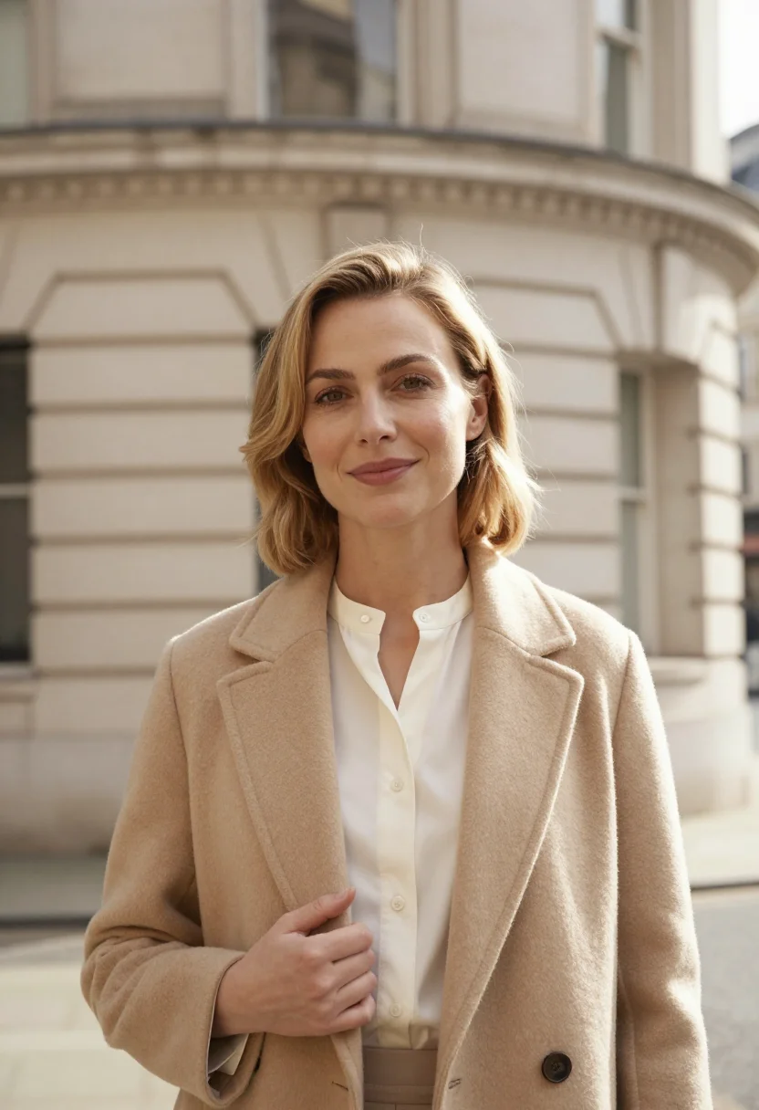 AI broadcasting house presenter portland cream sample — portrait of a woman, in her early forties, with fair skin, h