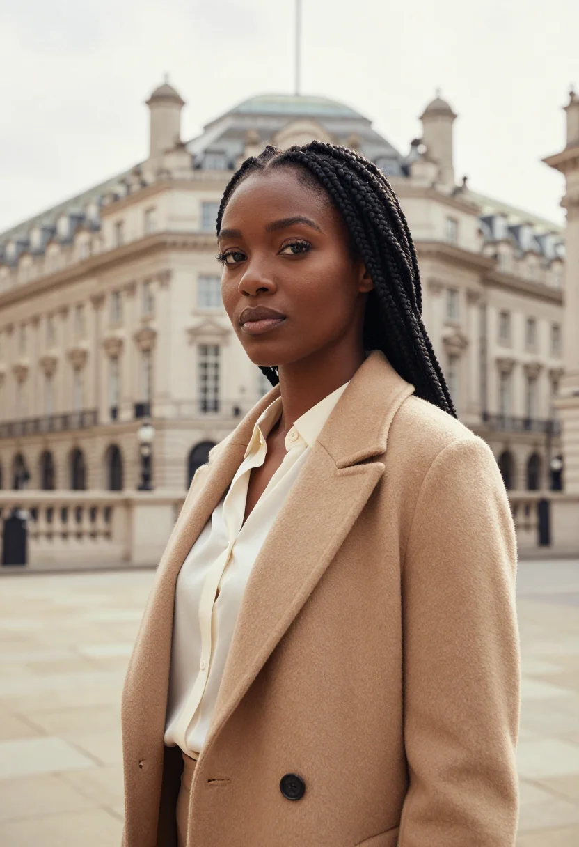 AI broadcasting house presenter portland cream sample — portrait of a woman, in her late twenties, Black British, wi