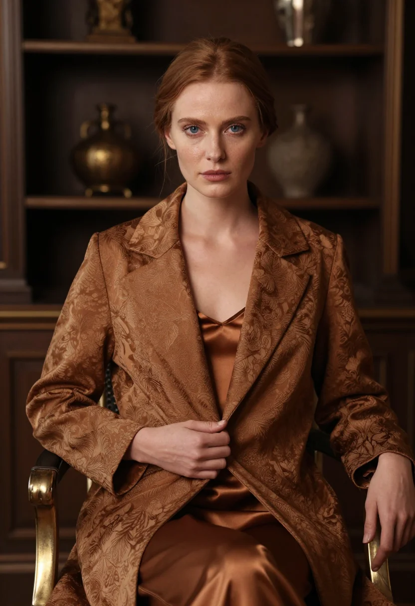 AI brocade bronze sample — portrait of a woman, a chest-up frame, a woman in her twenti