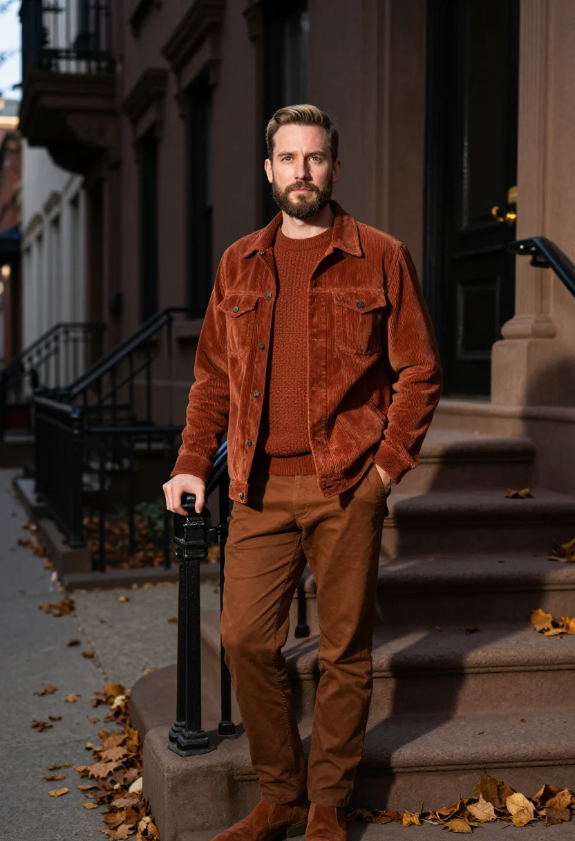 AI brownstone stoop october rust sample — portrait of a man, framed half-length from the waist up, a m