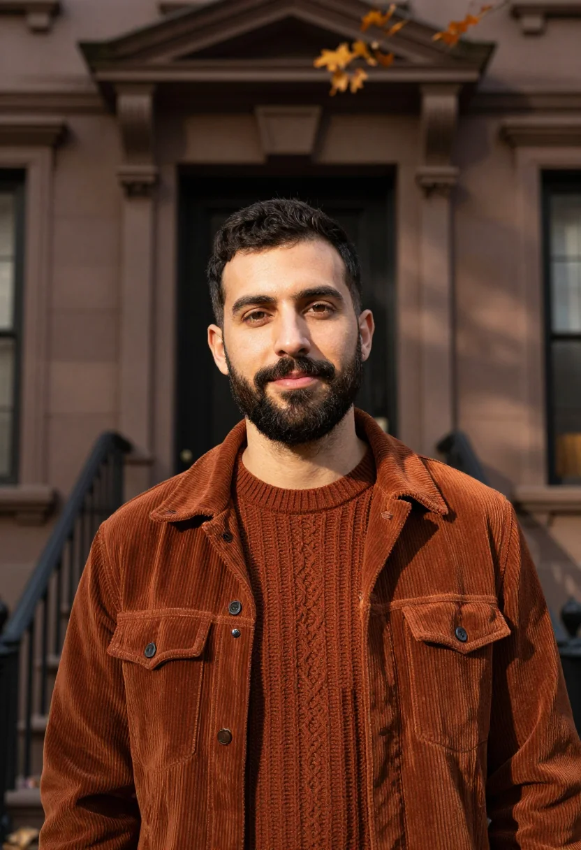 AI brownstone stoop october rust sample — portrait of a man, framed chest-up from the ribs with the bo