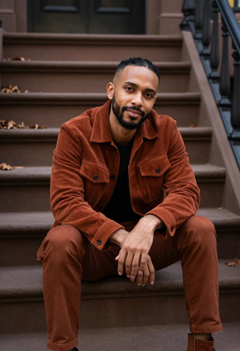 AI brownstone stoop october rust sample — portrait of a man, framed half-length from the waist up, a m