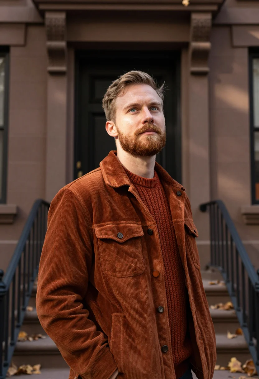 AI brownstone stoop october rust sample — portrait of a man, framed half-length from the waist up, a m