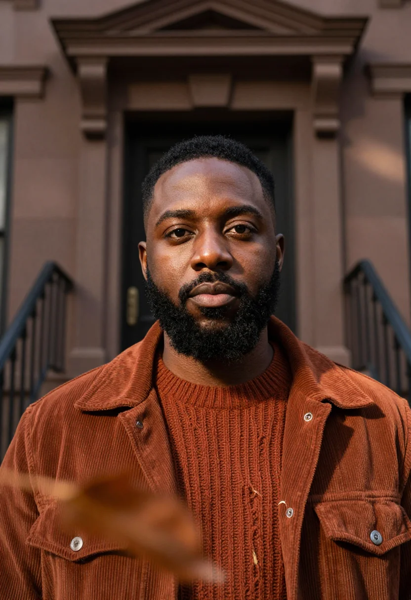 AI brownstone stoop october rust sample — portrait of a man, framed tight, head and shoulders, the bod