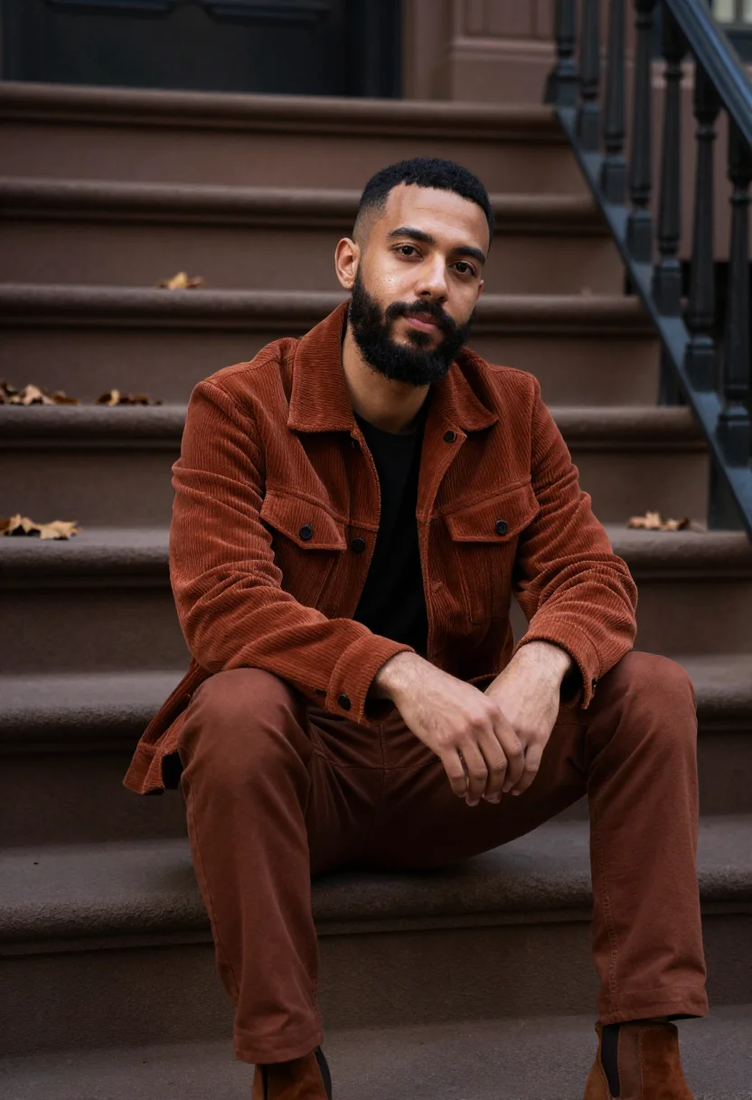 AI brownstone stoop october rust sample — portrait of a man, framed chest-up from the ribs with the bo