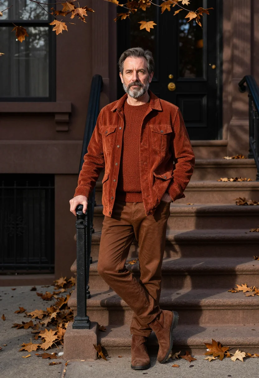 AI brownstone stoop october rust sample — portrait of a man, framed full-length from the boots to just