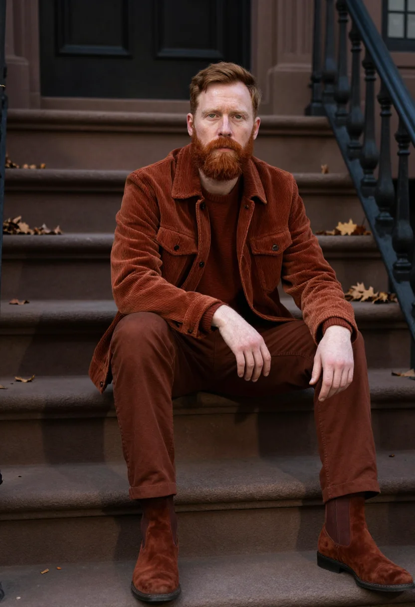 AI brownstone stoop october rust sample — portrait of a man, framed three-quarter length from the knee