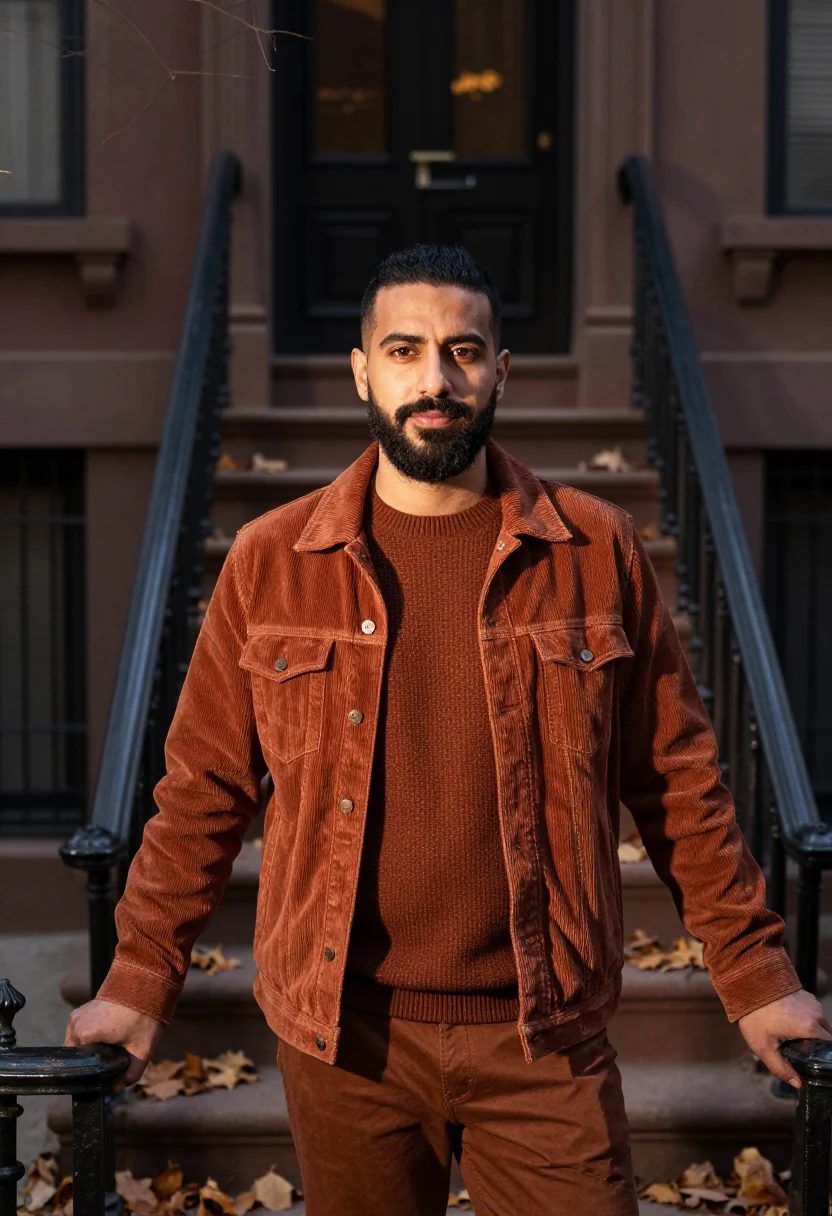 AI brownstone stoop october rust sample — portrait of a man, framed chest-up from the ribs with the bo