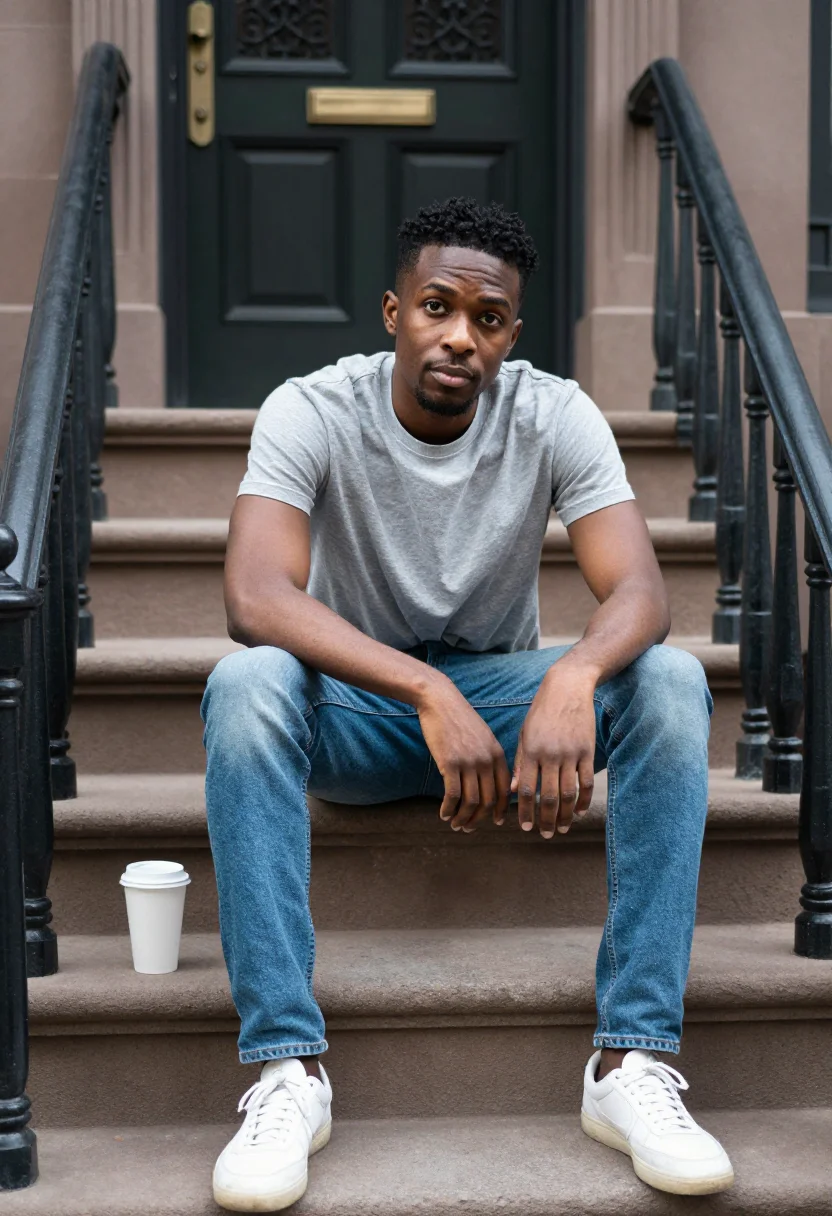 AI brownstone stoop sample — portrait of a man, chest-up photograph of a Black man in his