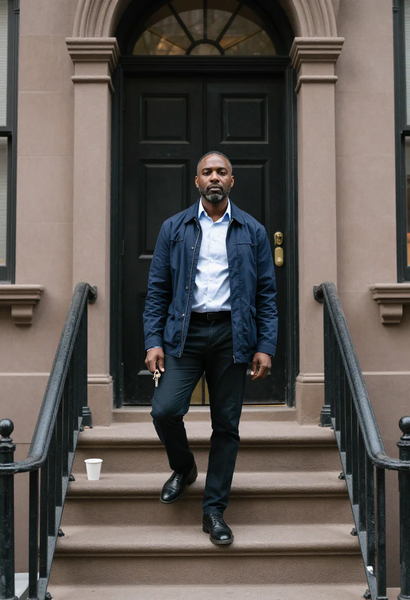 AI brownstone stoop sample — portrait of a man, full-length photograph of a Black man in