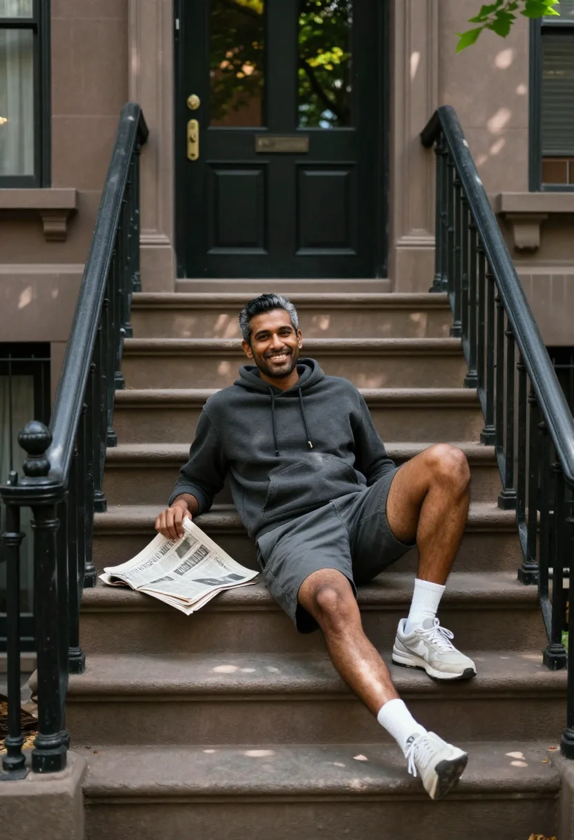 AI brownstone stoop sample — portrait of a man, full-length photograph of a South-Asian m