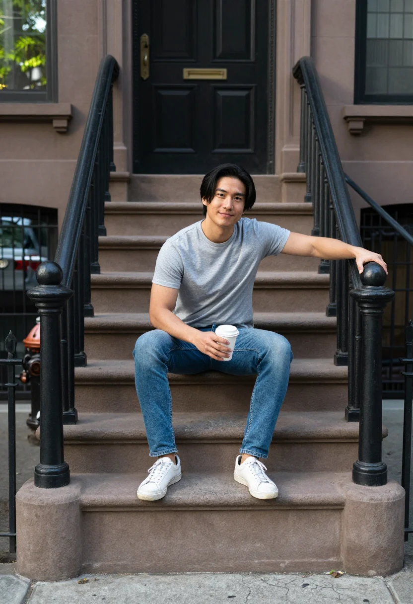 AI brownstone stoop sample — portrait of a man, full-length photograph of an East-Asian m