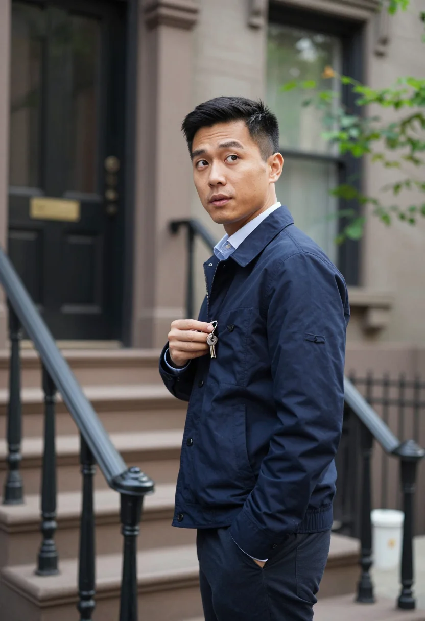 AI brownstone stoop sample — portrait of a man, chest-up photograph of an East-Asian man