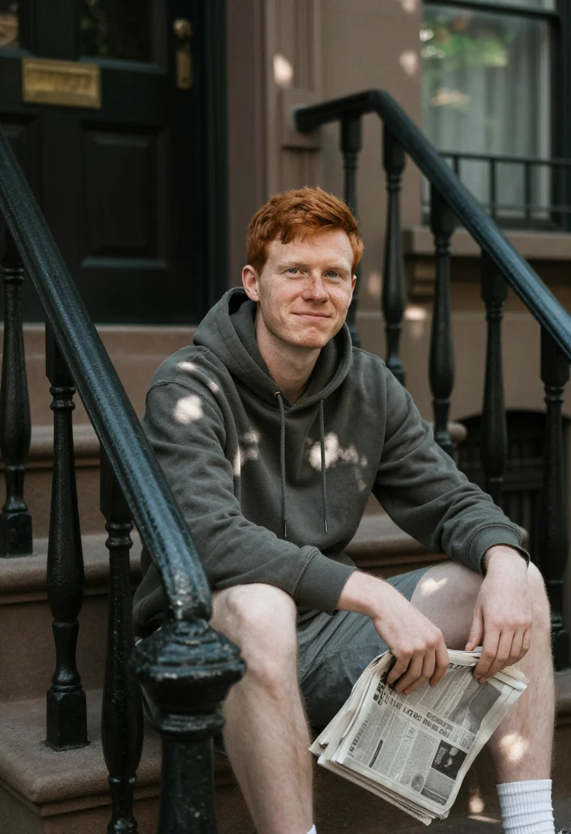 AI brownstone stoop sample — portrait of a man, chest-up photograph of a Western-European