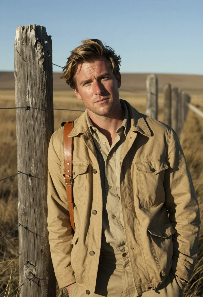 AI bruce chatwin patagonia november khaki sample — portrait of a man, framed tight, head and shoulders, the bod
