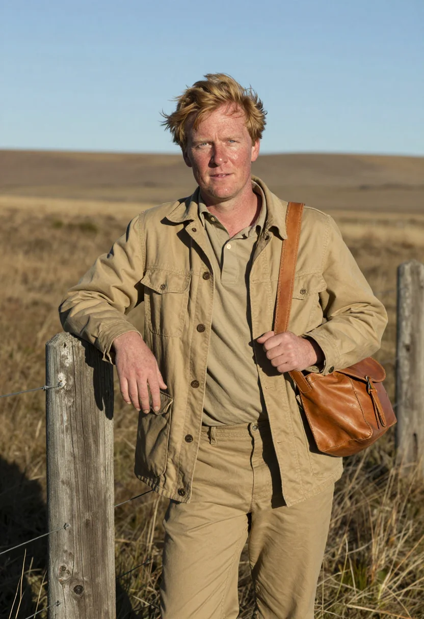 AI bruce chatwin patagonia november khaki sample — portrait of a man, framed half-length from the head to the h