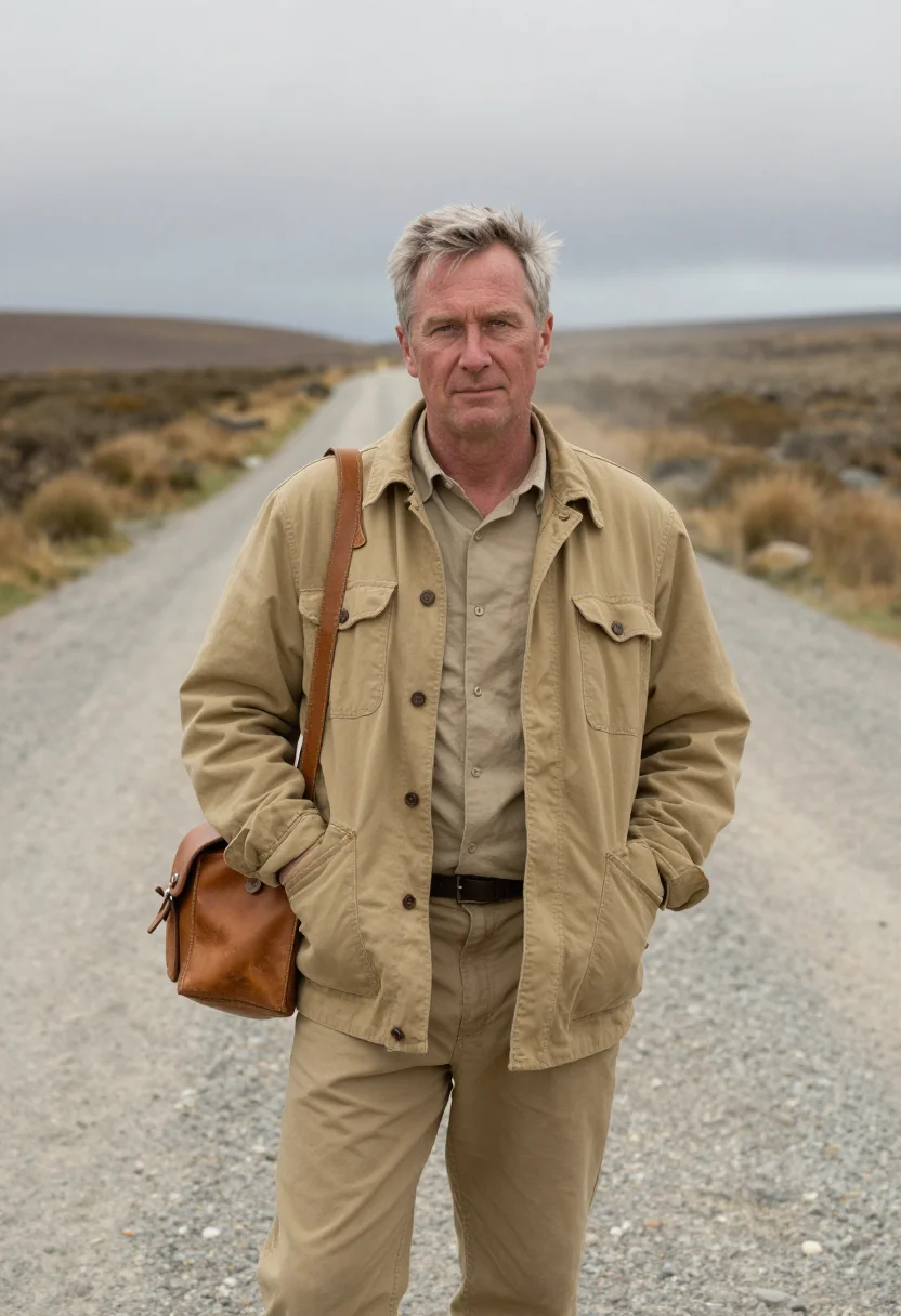 AI bruce chatwin patagonia november khaki sample — portrait of a man, framed half-length from the head to the h