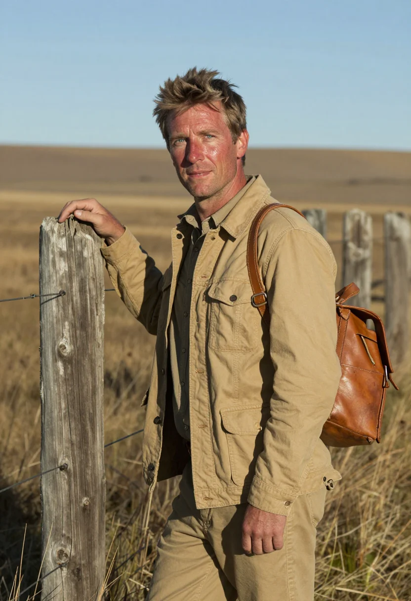 AI bruce chatwin patagonia november khaki sample — portrait of a man, framed chest-up, cropped at the ribs, the