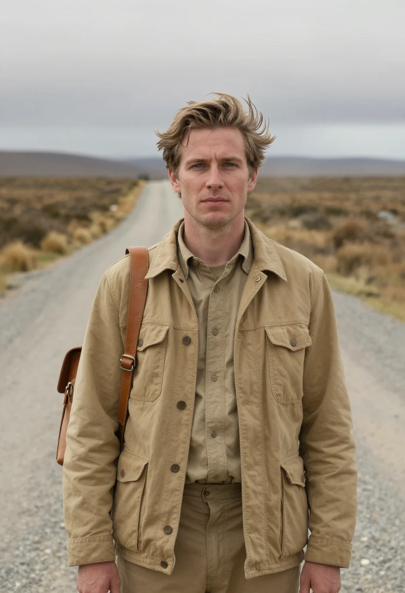 AI bruce chatwin patagonia november khaki sample — portrait of a man, framed tight, head and shoulders, the bod