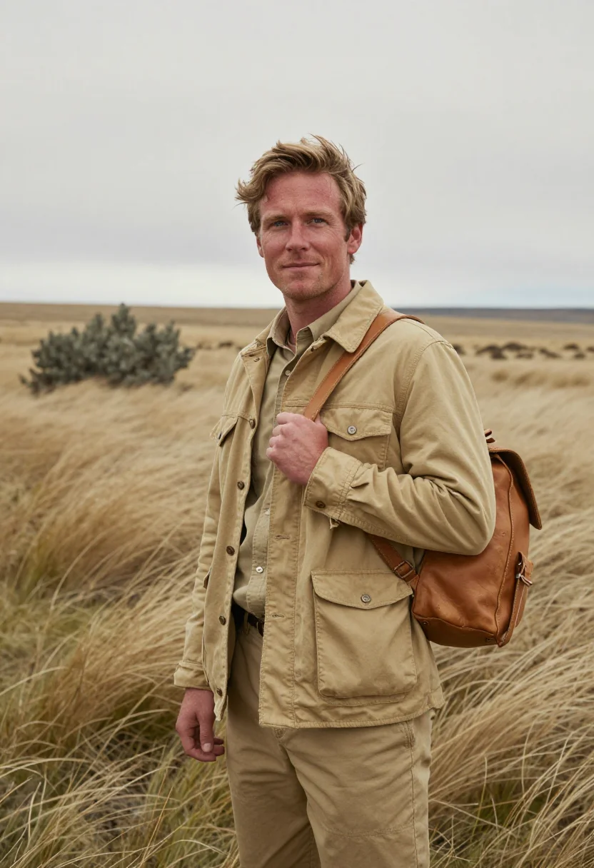 AI bruce chatwin patagonia november khaki sample — portrait of a man, framed chest-up, cropped at the ribs, the
