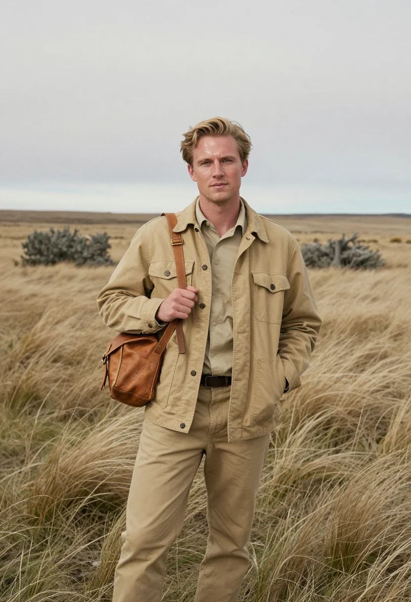 AI bruce chatwin patagonia november khaki sample — portrait of a man, framed three-quarter length from the head