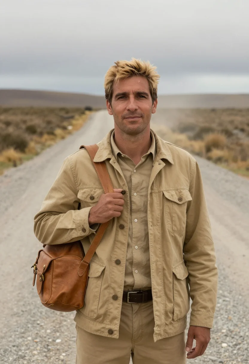 AI bruce chatwin patagonia november khaki sample — portrait of a man, framed chest-up, cropped at the ribs, the