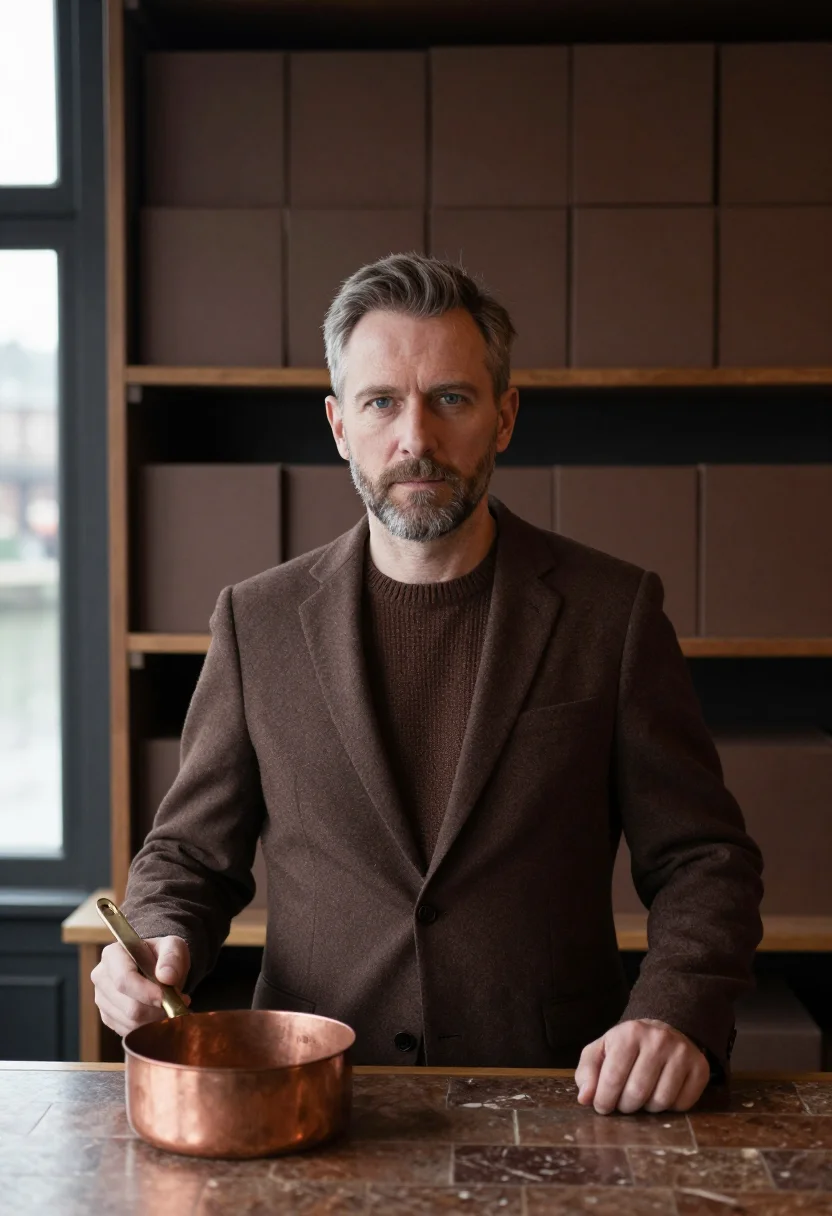 AI bruges chocolate sample — portrait of a man, chest-up portrait of a Flemish man in his