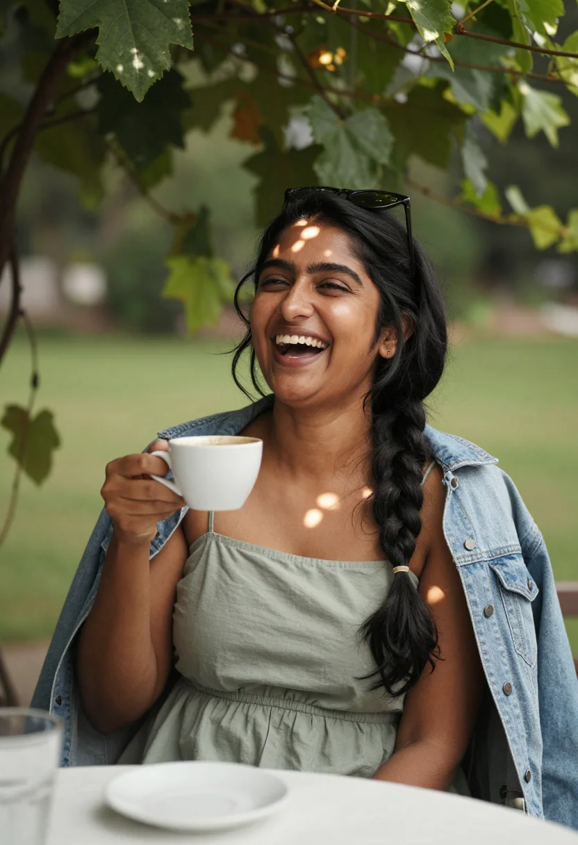 AI brunch terrace sample — portrait of a woman, chest-up candid photograph of a South-A