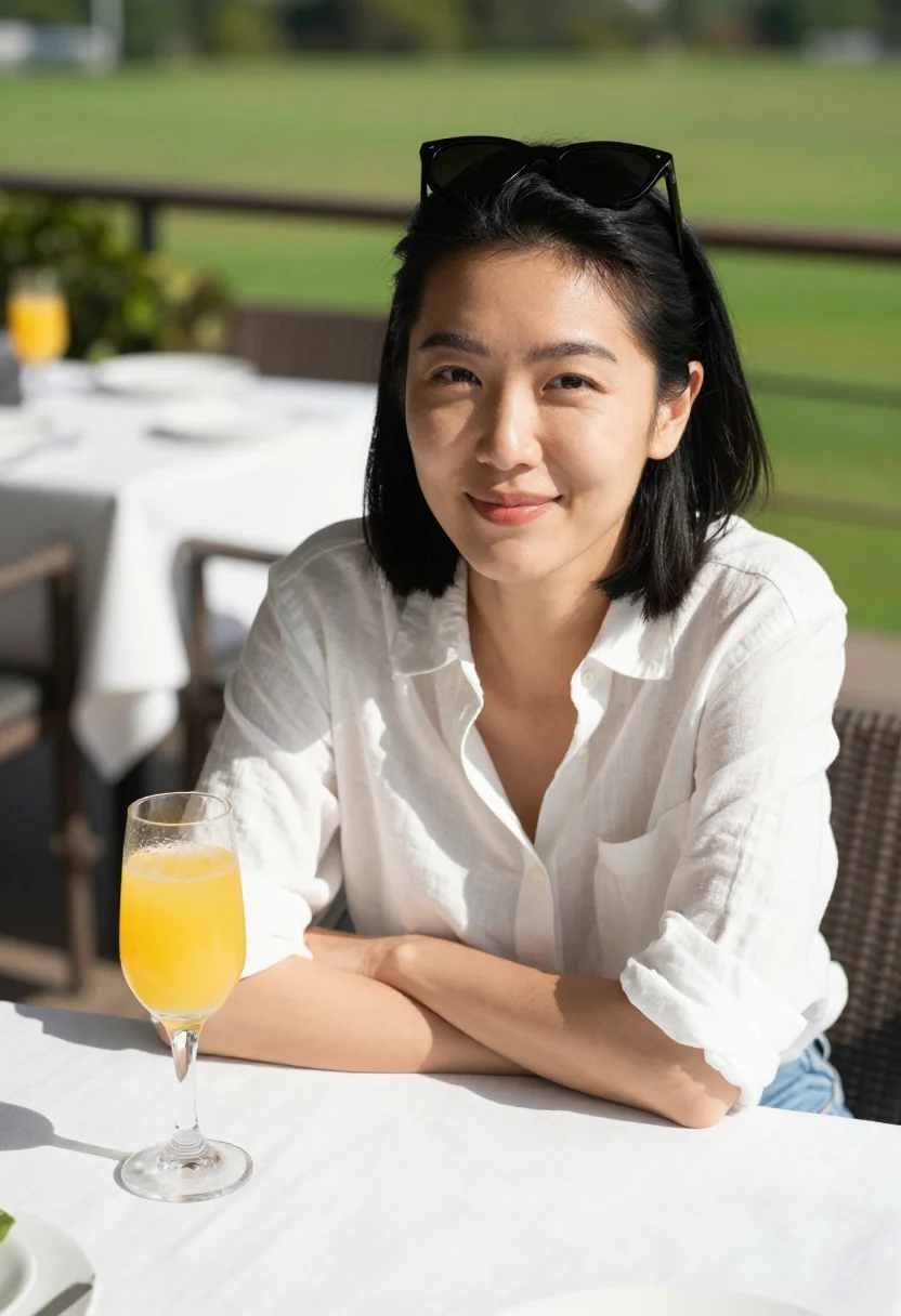 AI brunch terrace sample — portrait of a woman, chest-up candid photograph of an East-A