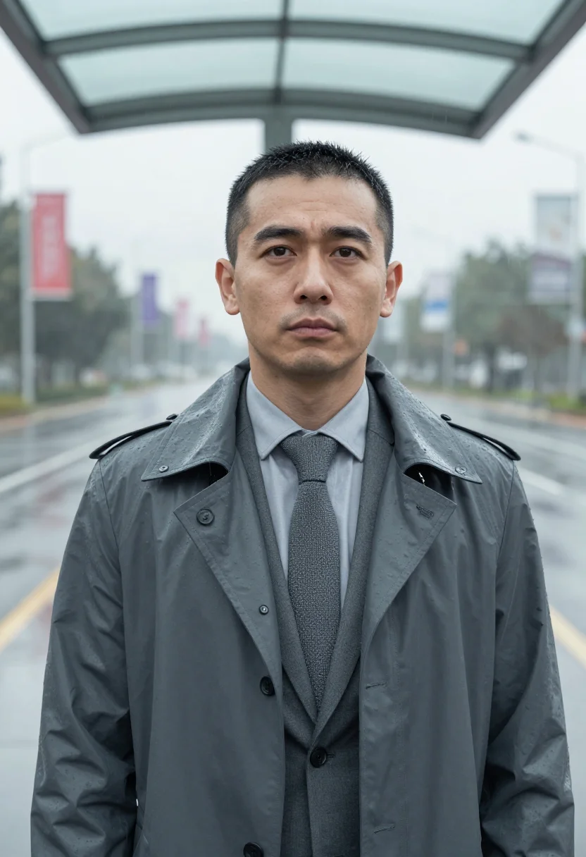 AI brussels rain grey sample — portrait of a man, tight head-and-shoulders portrait of an E