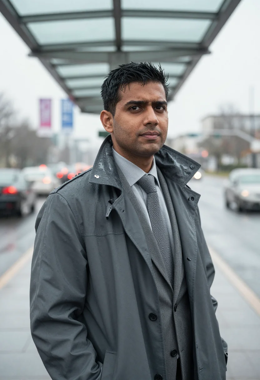 AI brussels rain grey sample — portrait of a man, chest-up portrait of a South-Asian Europe