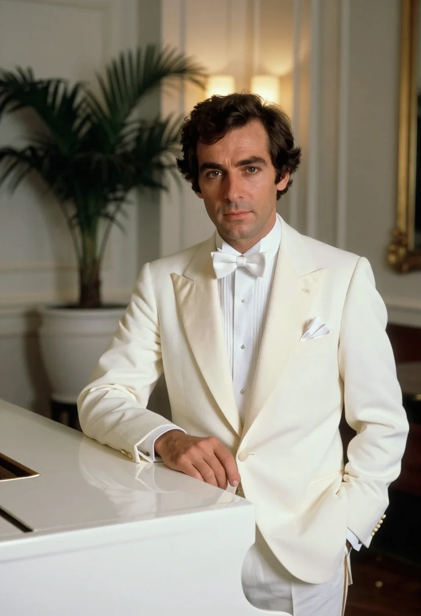 AI bryan ferry roxy white tuxedo sample — portrait of a man, a French man in his early forties with wa