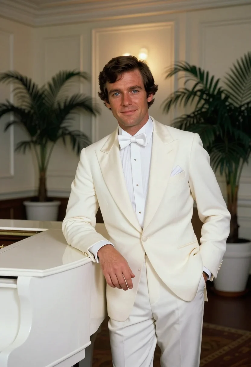 AI bryan ferry roxy white tuxedo sample — portrait of a man, an Irish man in his early thirties with f
